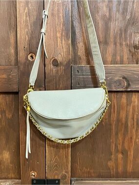 HOBO Crescent Crossbody Bag in Light Gray with Gold Chain